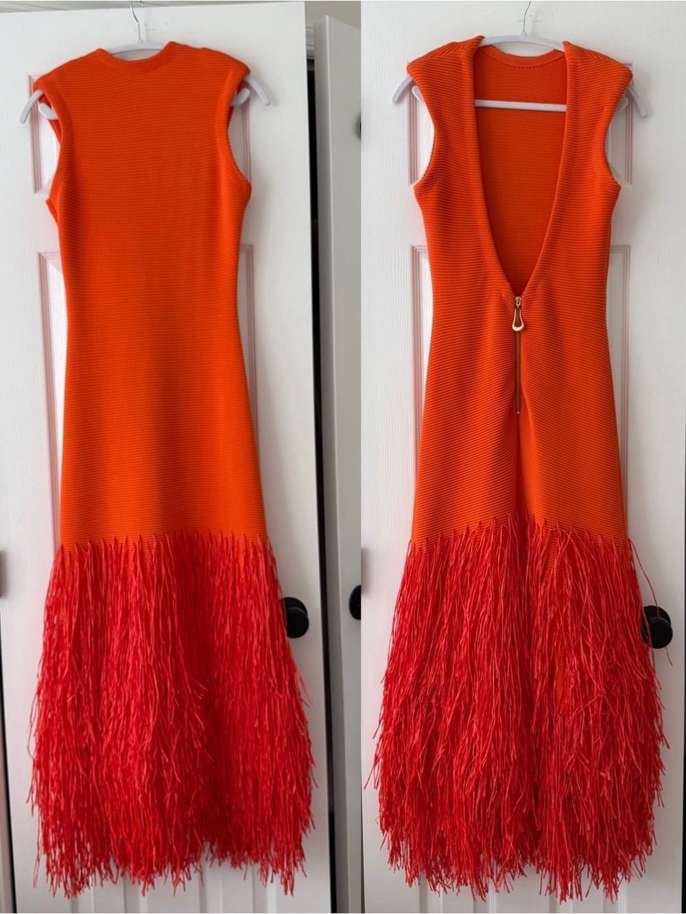 Aje Rushes Raffia Trimmed Ribbed Stretch Knit Dress Orange - Picture 3 of 16
